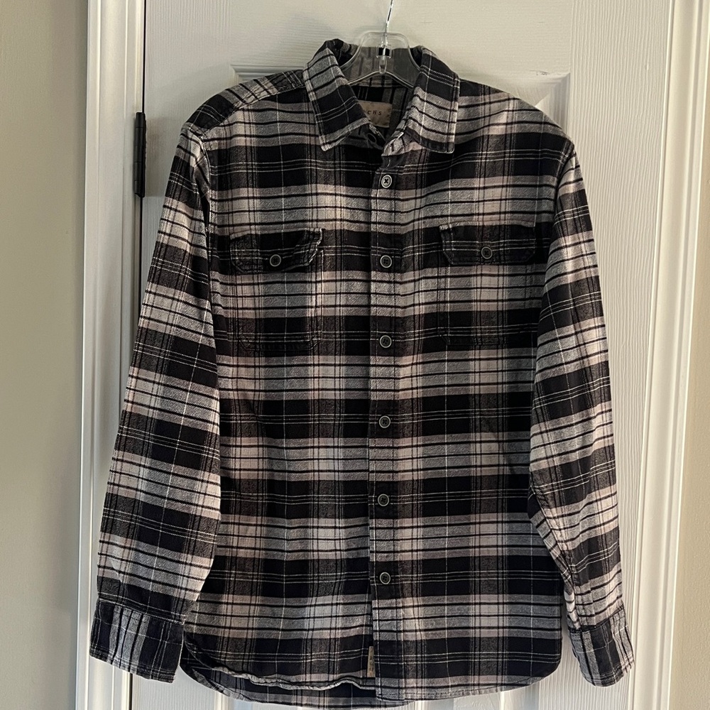 JACHS NY Men’s Plaid Shirt Long Sleeve Black Gray Button Up 💯 Cotton Size Medium